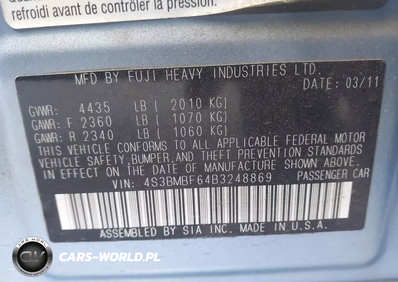 2011 Subaru Legacy 2.5I Premium VIN:4S3BMBF64B3248869 - 9