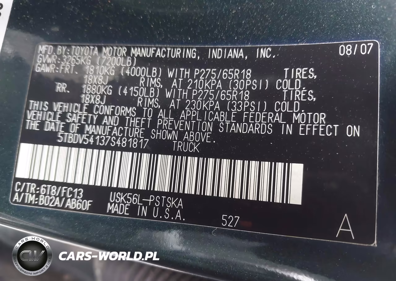 2007 Toyota Tundra Sr5 5.7L V8 VIN:5TBDV54137S481817 - 9