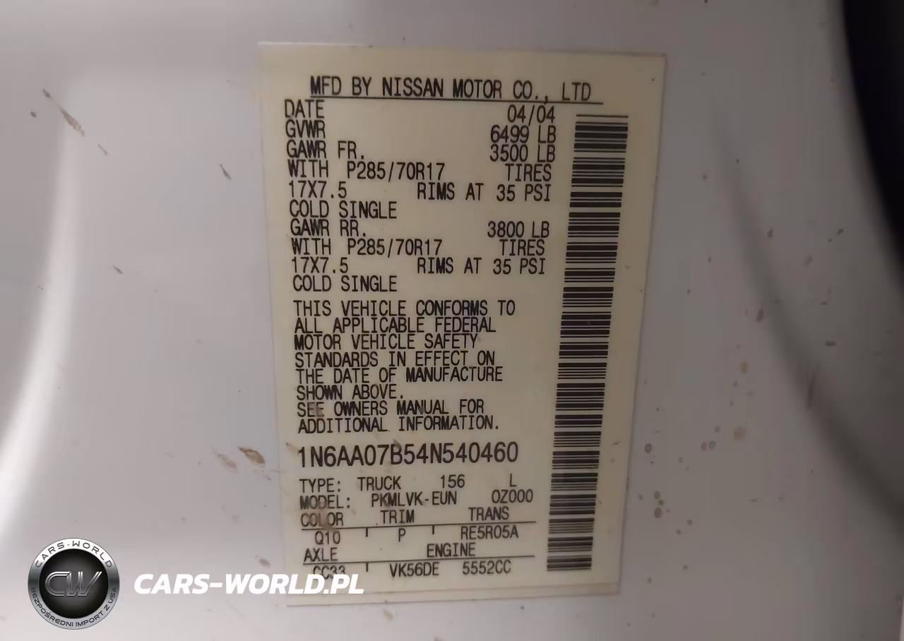 2004 Nissan Titan Le VIN:1N6AA07B54N540460 - 9