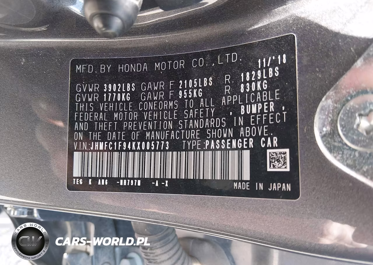 2019 Honda Civic Touring VIN:JHMFC1F94KX005773 - 9