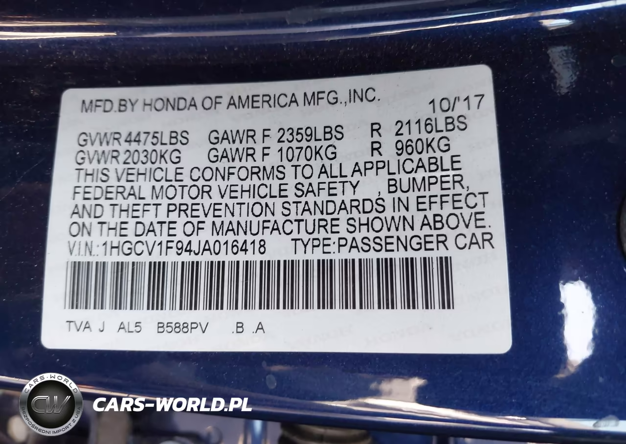 2018 Honda Accord Touring VIN:1HGCV1F94JA016418 - 9
