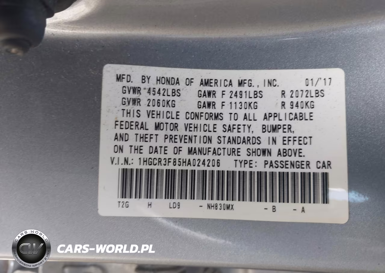 2017 Honda Accord Ex-L V6 VIN:1HGCR3F85HA024206 - 9