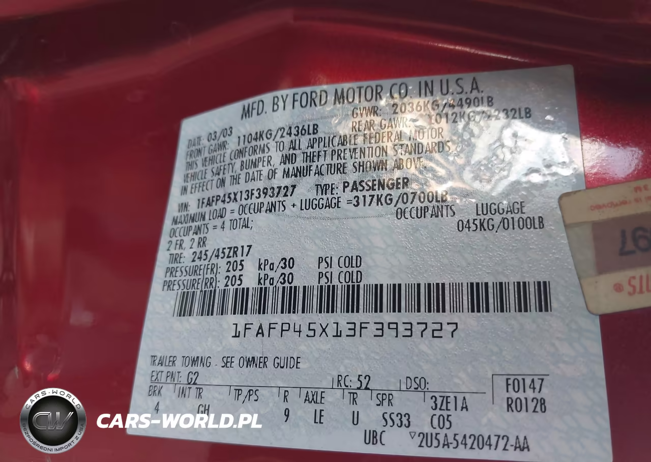 2003 Ford Mustang Gt VIN:1FAFP45X13F393727 - 9