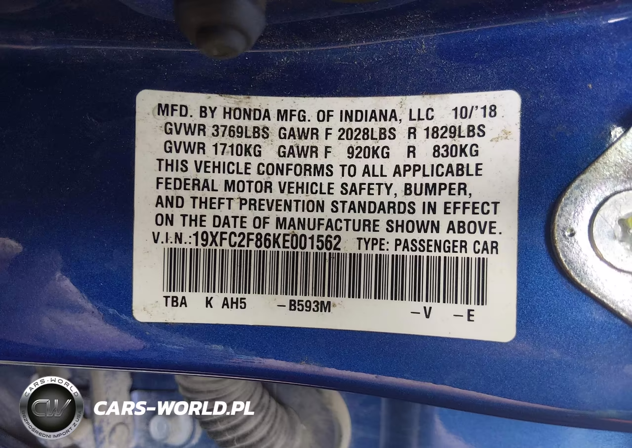 2019 Honda Civic Sport VIN:19XFC2F86KE001562 - 9