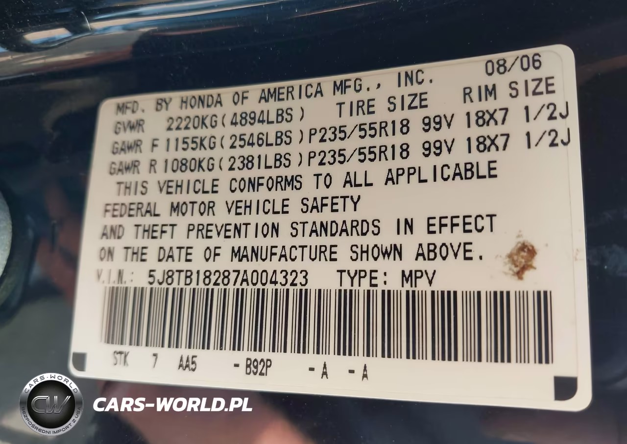 2007 Acura Rdx VIN:5J8TB18287A004323 - 9