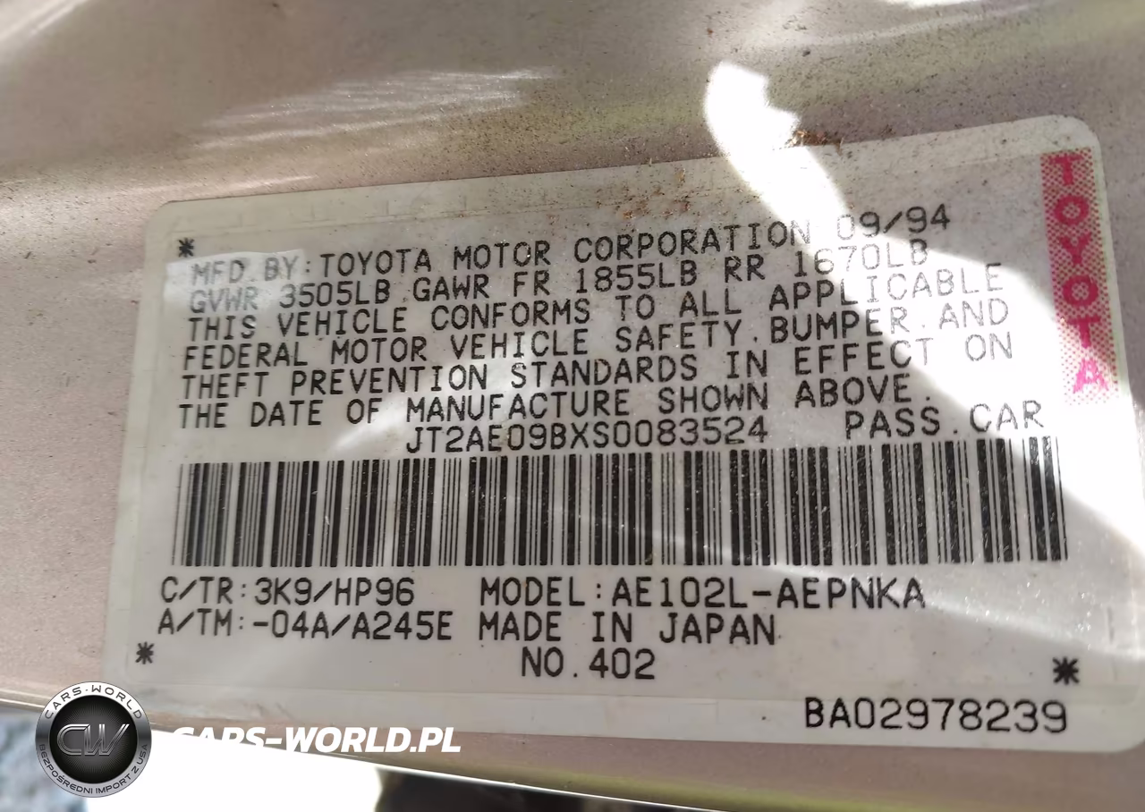 1995 Toyota Corolla Le-Dx VIN:JT2AE09BXS0083524 - 9