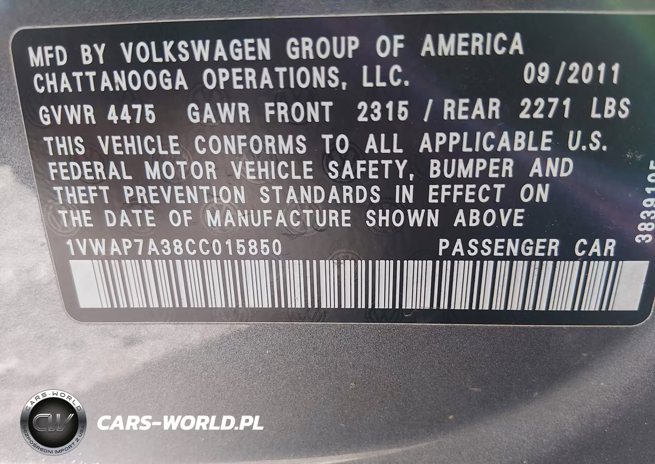 2012 Volkswagen Passat S VIN:1VWAP7A38CC015850 - 9