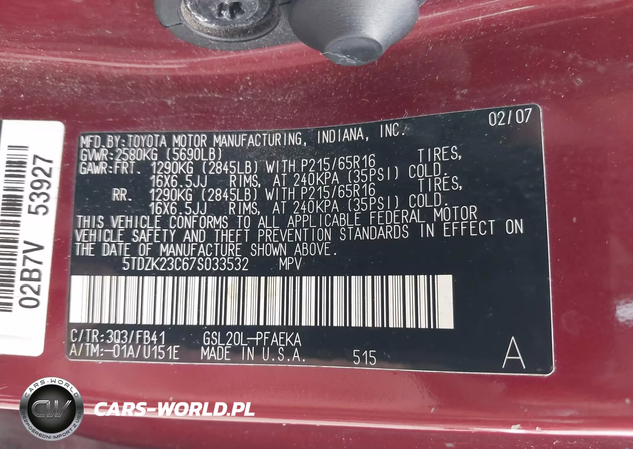 2007 Toyota Sienna Ce VIN:5TDZK23C67S033532 - 9