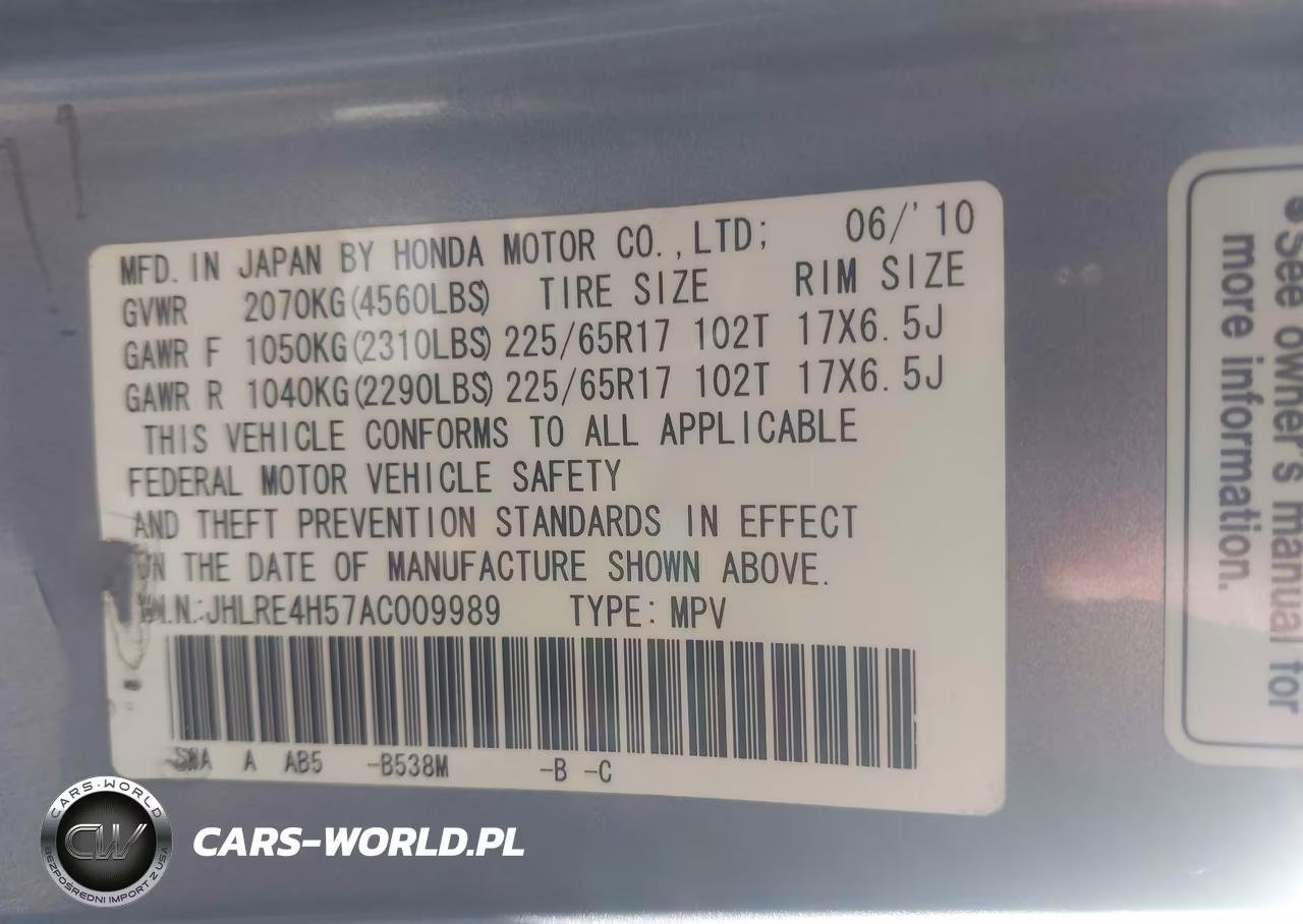 2010 Honda Cr-V Ex VIN:JHLRE4H57AC009989 - 9