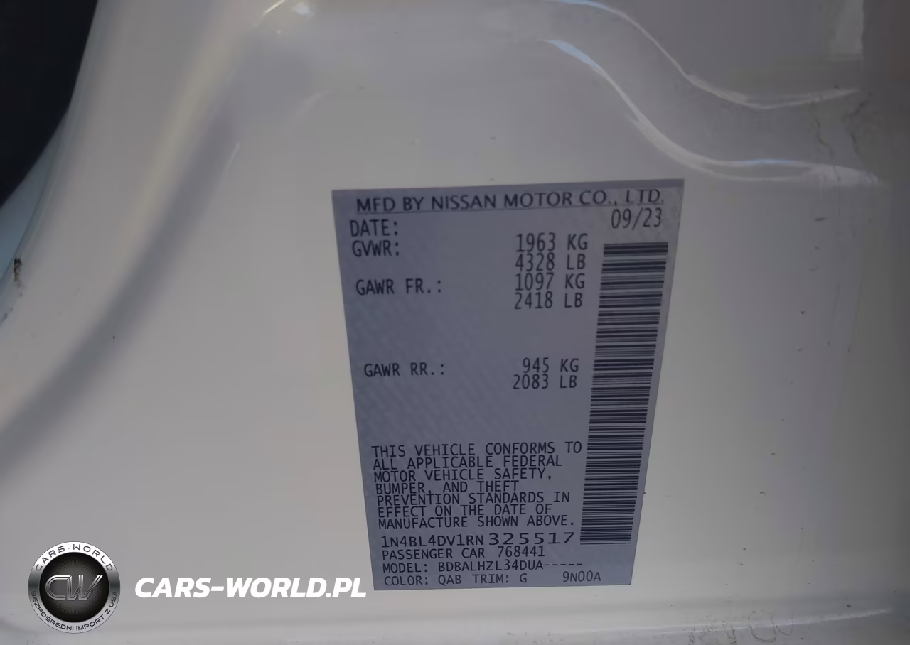 2024 Nissan Altima Sv Fwd VIN:1N4BL4DV1RN325517 - 9