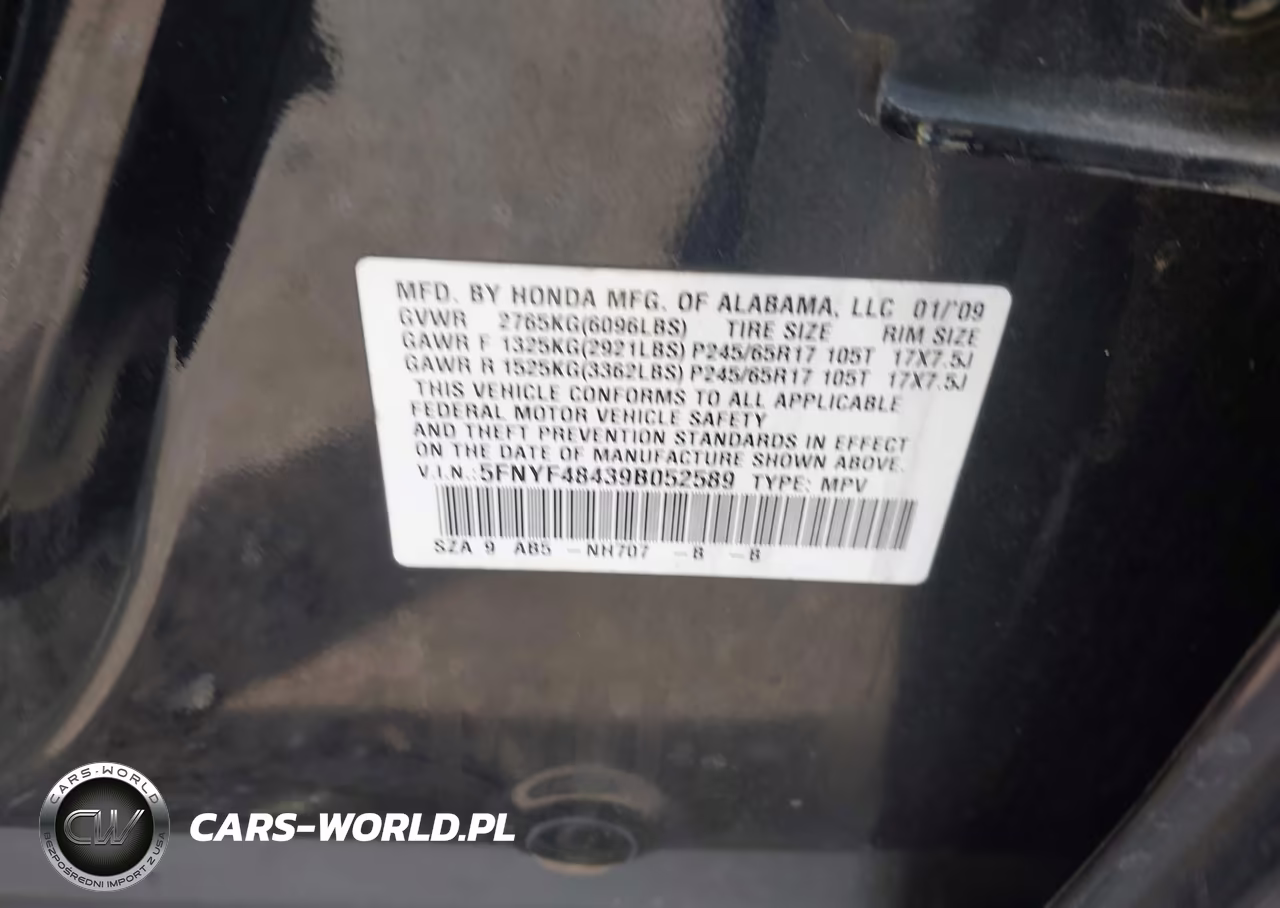 2009 Honda Pilot Ex VIN:5FNYF48439B052589 - 9