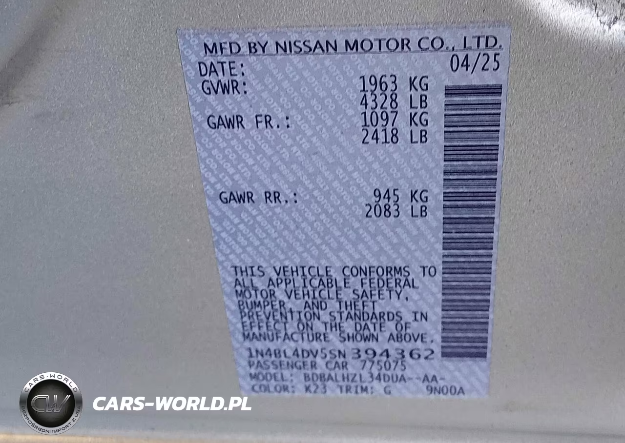 2025 Nissan Altima Sv Fwd VIN:1N4BL4DV5SN394362 - 9
