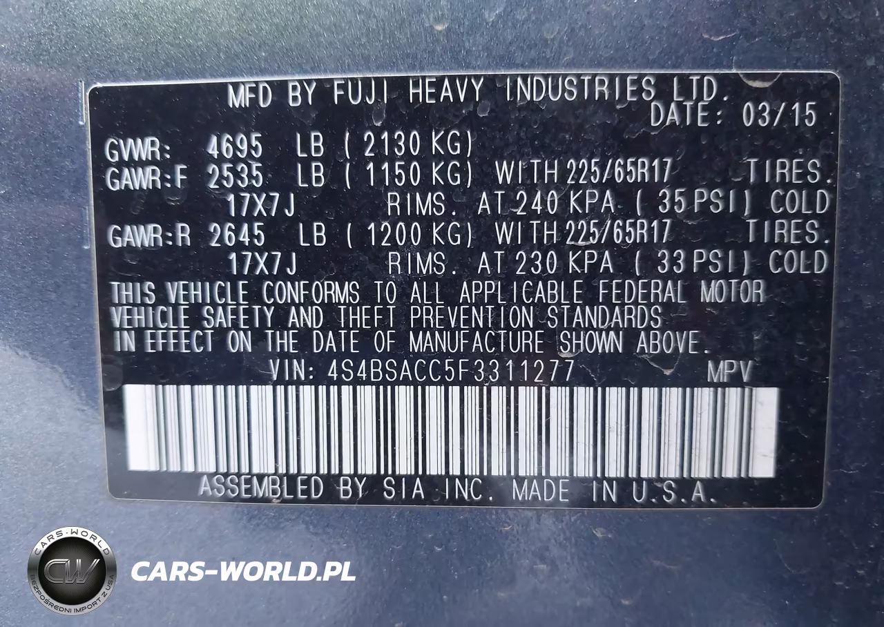 2015 Subaru Outback 2.5I Premium VIN:4S4BSACC5F3311277 - 9