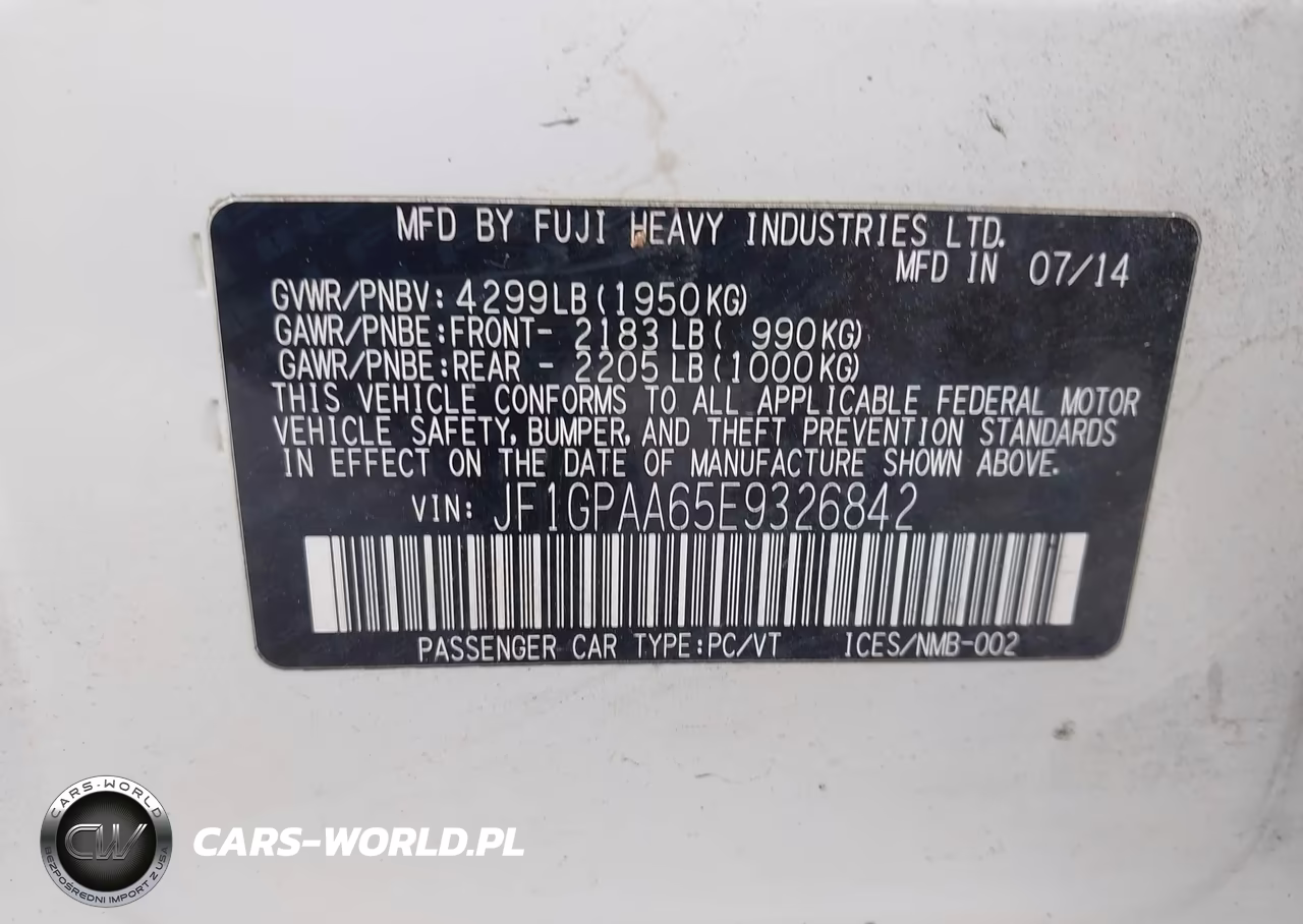 2014 Subaru Impreza 2.0I VIN:JF1GPAA65E9326842 - 9