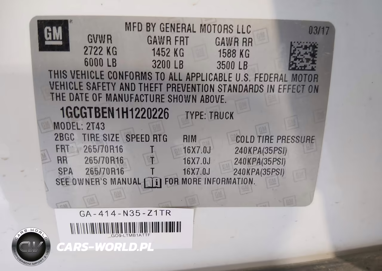 2017 Chevrolet Colorado 4Wd Wt VIN:1GCGTBEN1H1220226 - 9