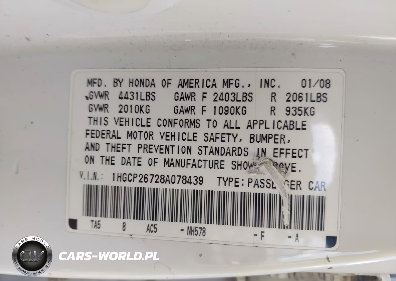2008 Honda Accord 2.4 Ex VIN:1HGCP26728A078439 - 9