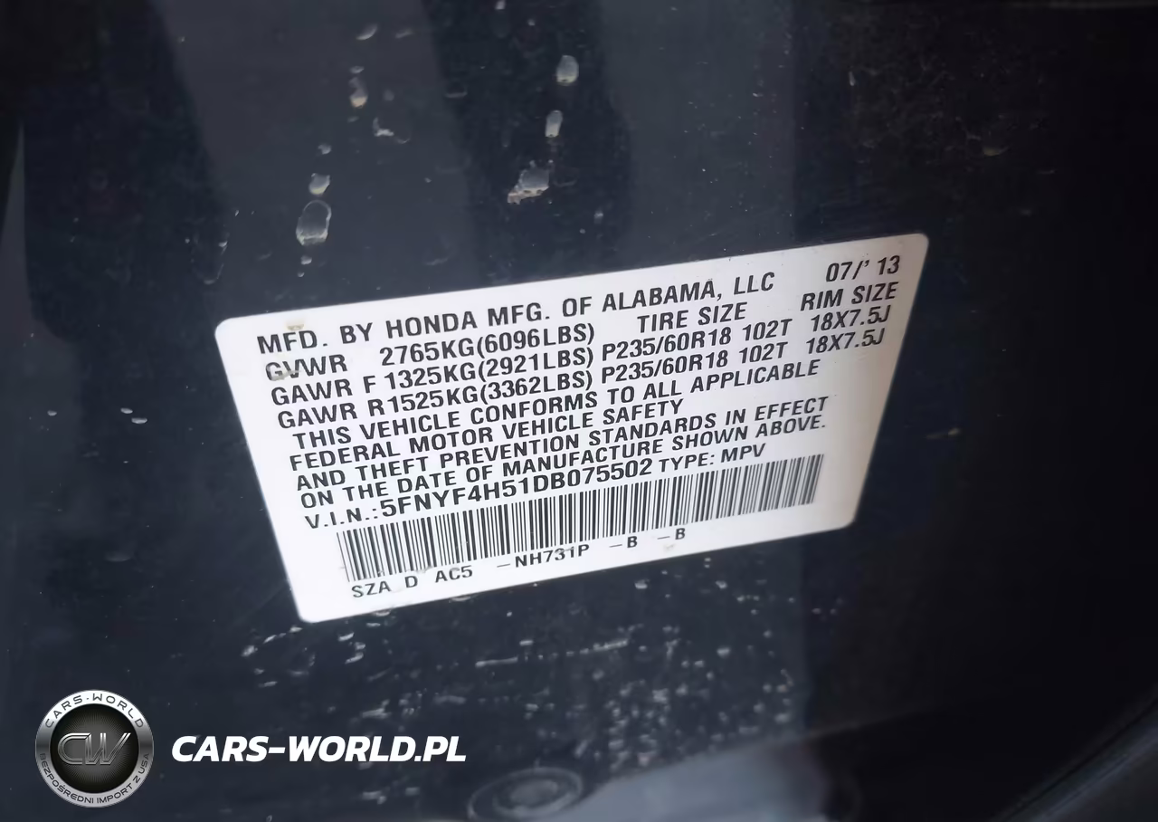 2013 Honda Pilot Ex-L VIN:5FNYF4H51DB075502 - 9