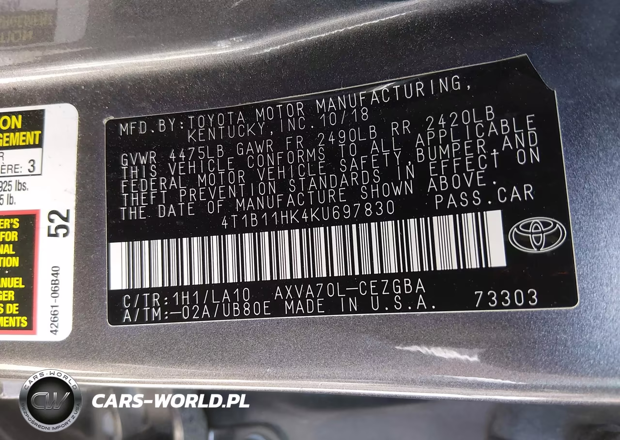 2019 Toyota Camry Xle VIN:4T1B11HK4KU697830 - 9