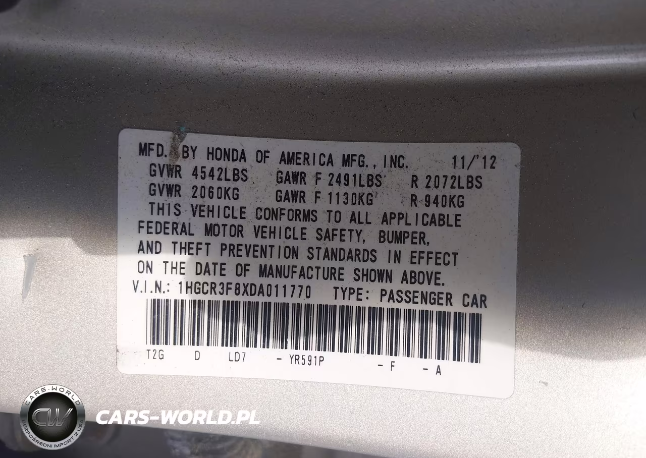 2013 Honda Accord Ex-L V-6 VIN:1HGCR3F8XDA011770 - 9