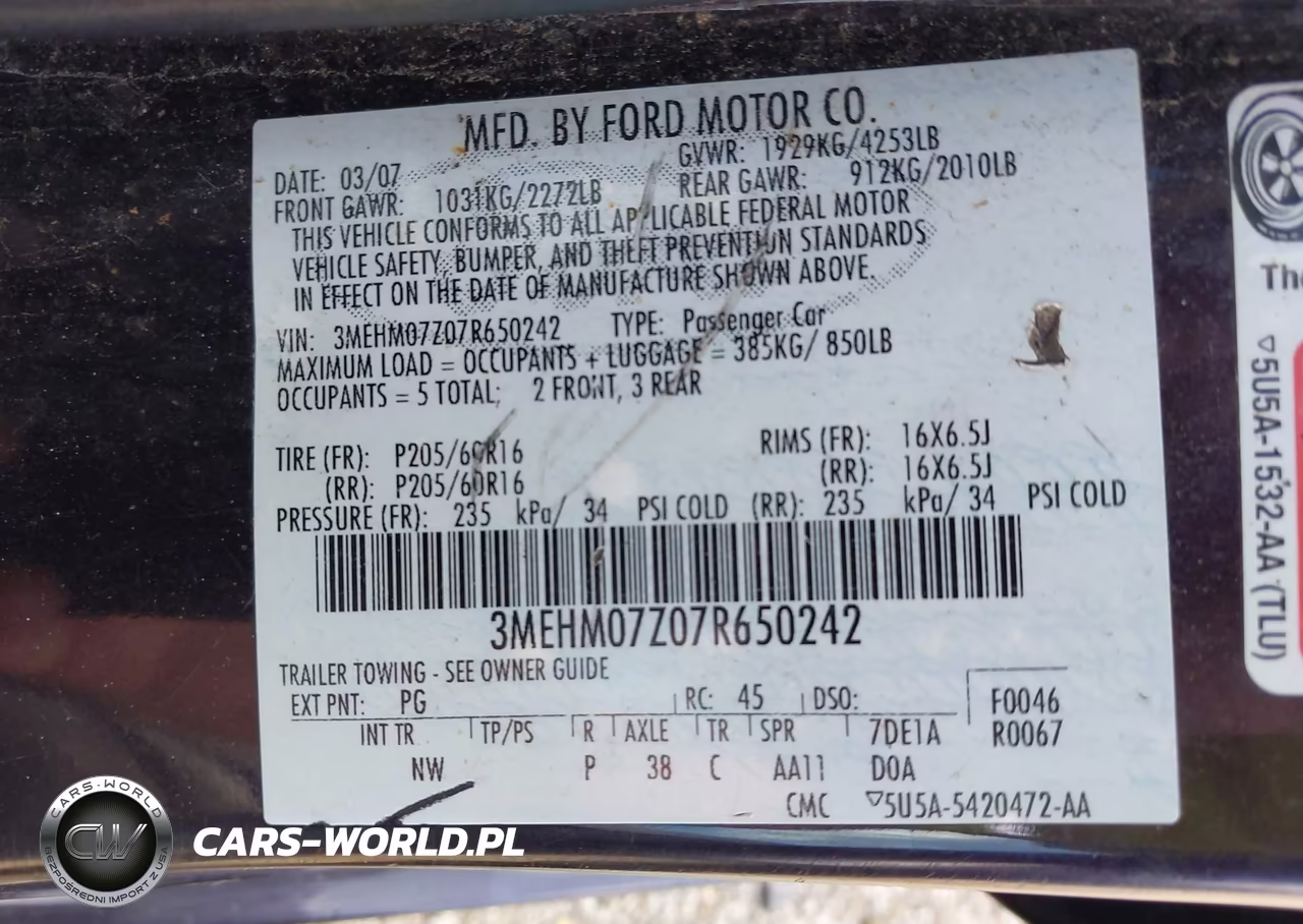 2007 Mercury Milan I4 (100A) VIN:3MEHM07Z07R650242 - 9