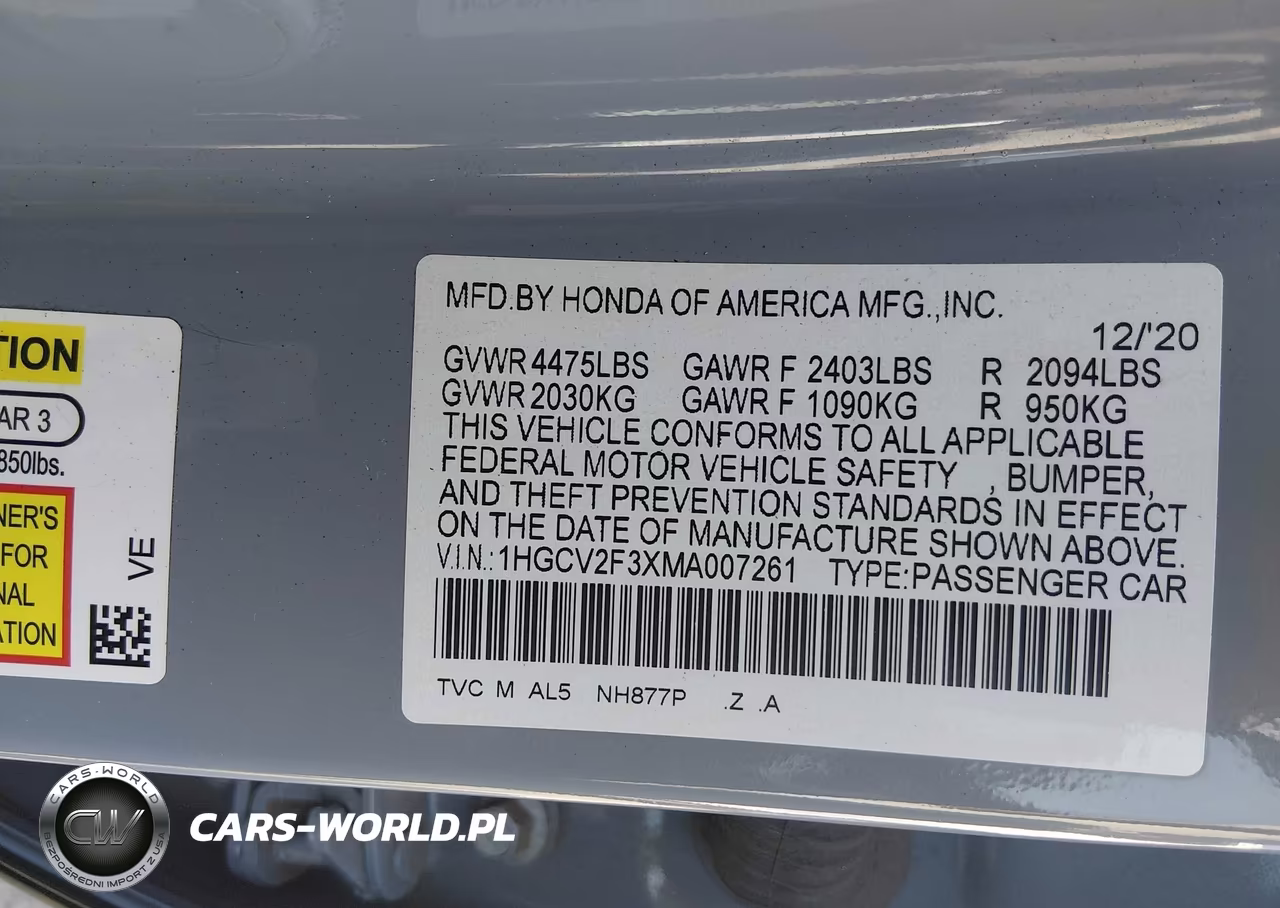 2021 Honda Accord Sport 2.0T VIN:1HGCV2F3XMA007261 - 9
