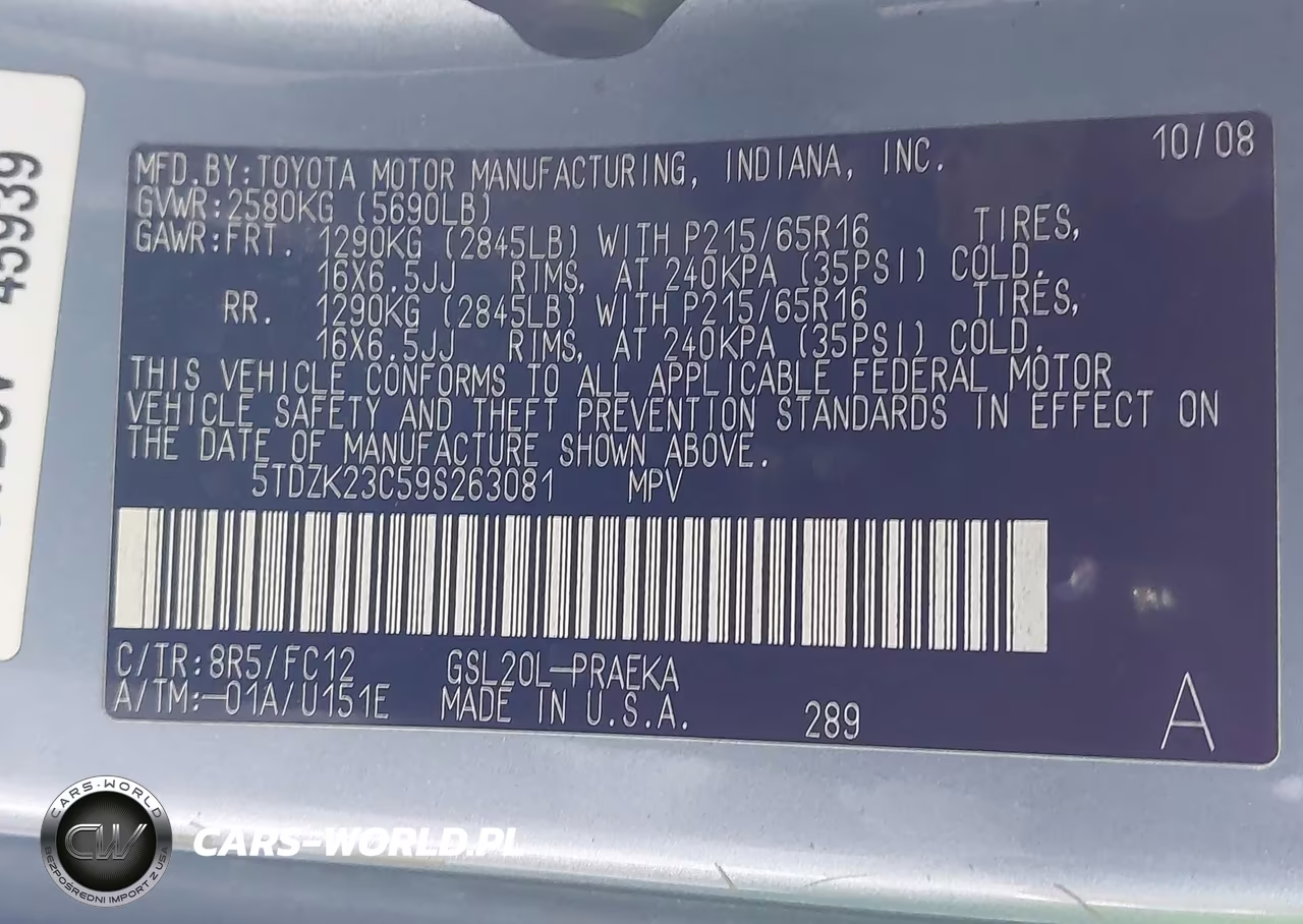 2009 Toyota Sienna Le VIN:5TDZK23C59S263081 - 9