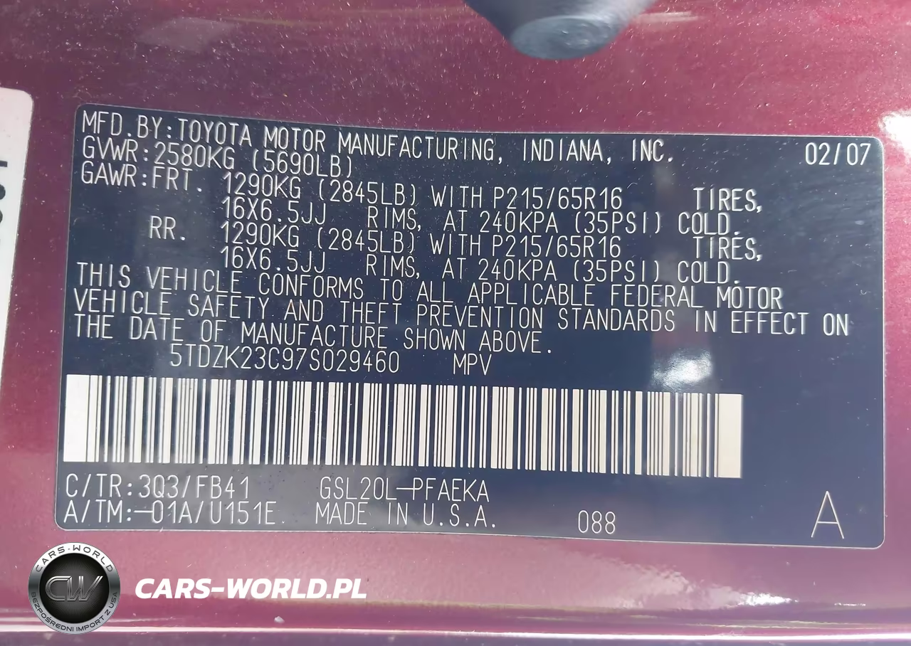 2007 Toyota Sienna Ce VIN:5TDZK23C97S029460 - 9