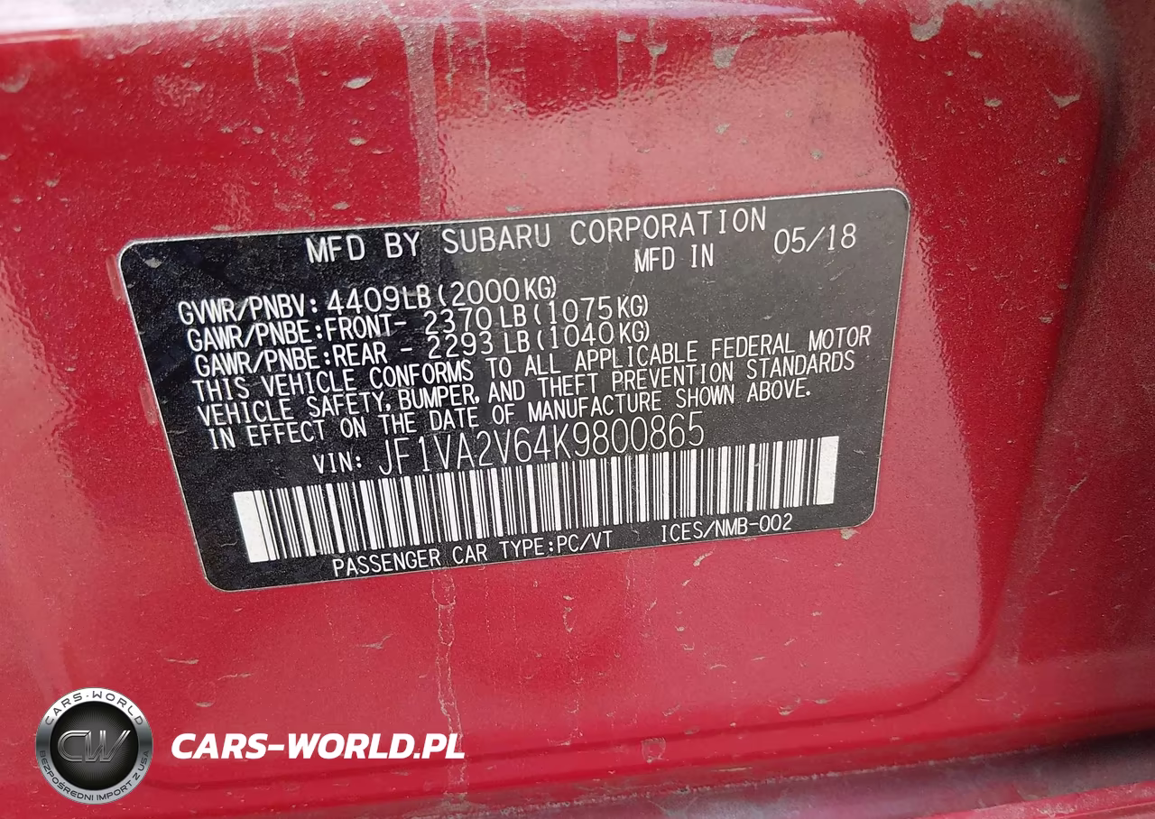 2019 Subaru Wrx Sti Limited VIN:JF1VA2V64K9800865 - 9