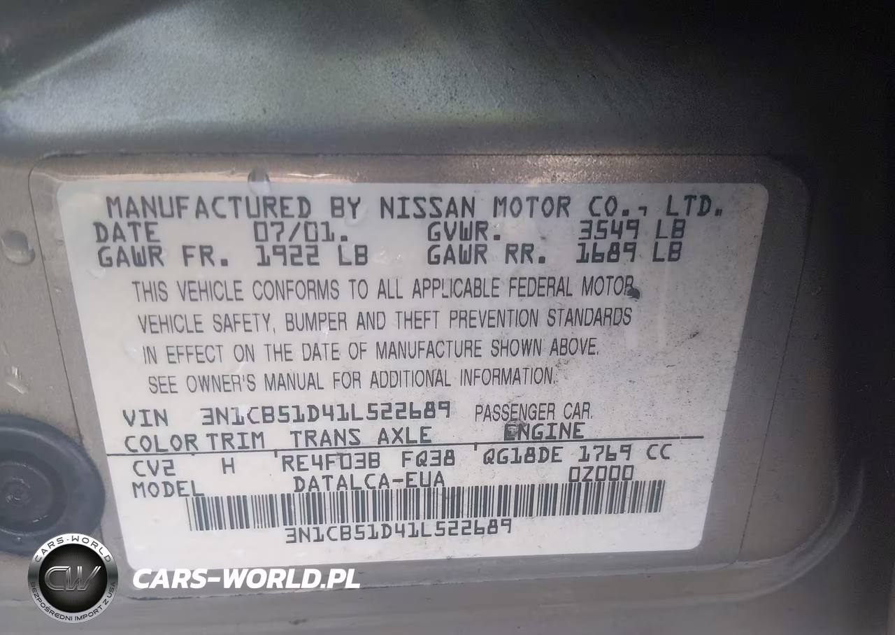 2001 Nissan Sentra Xe VIN:3N1CB51D41L522689 - 9