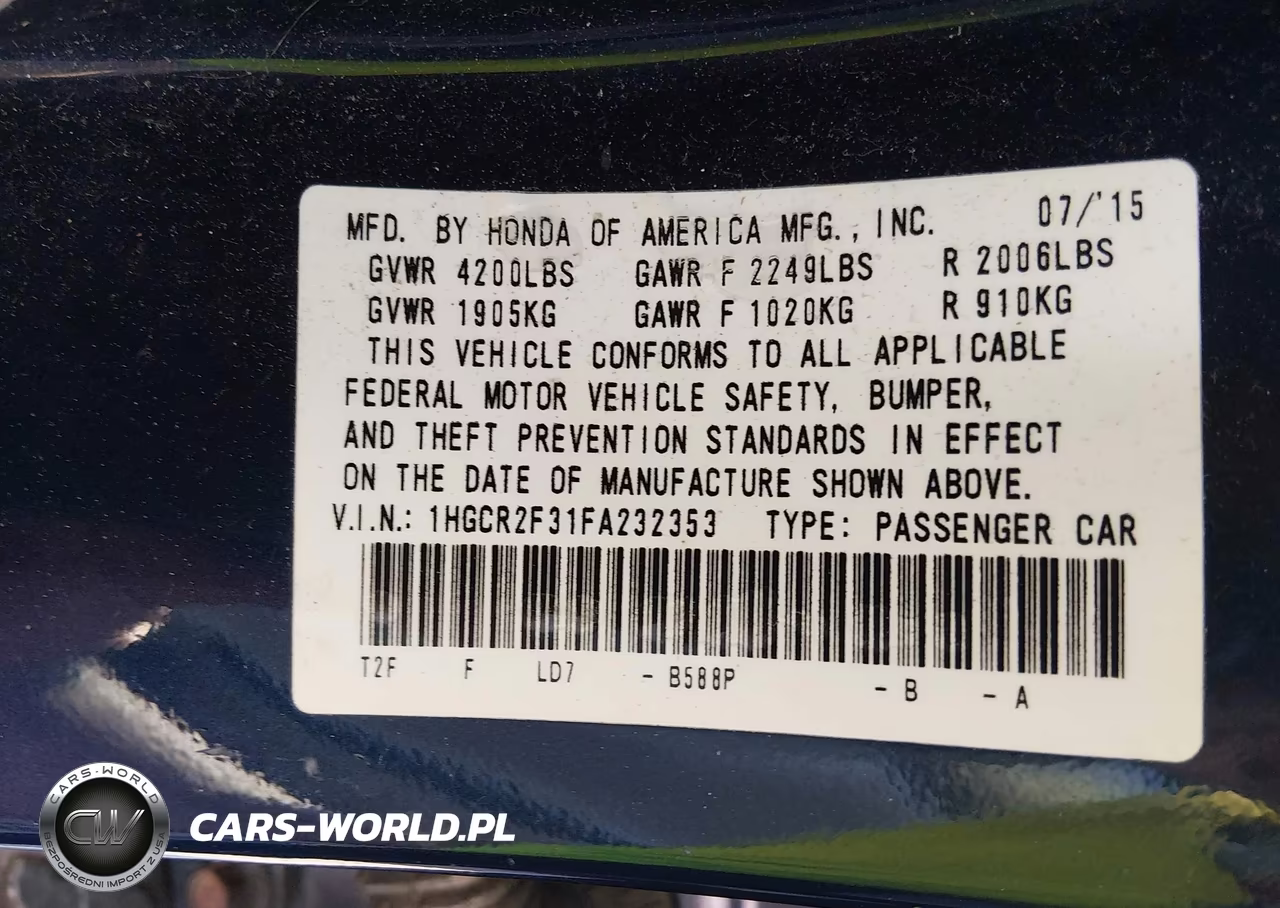 2015 Honda Accord Lx VIN:1HGCR2F31FA232353 - 9