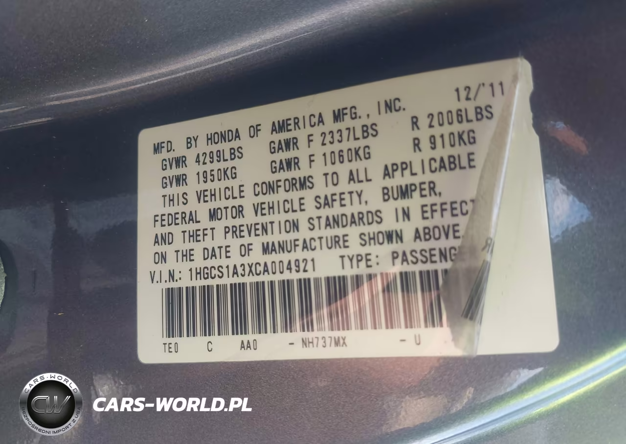 2012 Honda Accord 2.4 Lx-S VIN:1HGCS1A3XCA004921 - 9