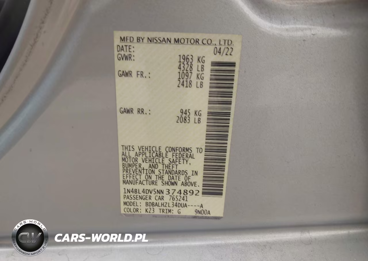 2022 Nissan Altima Sv Fwd VIN:1N4BL4DV5NN374892 - 9