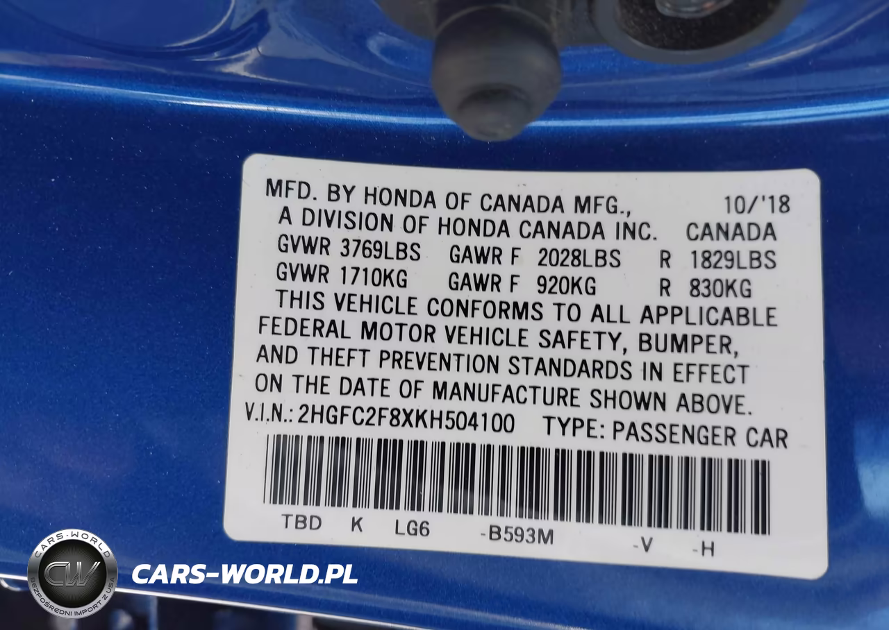 2019 Honda Civic Sport VIN:2HGFC2F8XKH504100 - 9
