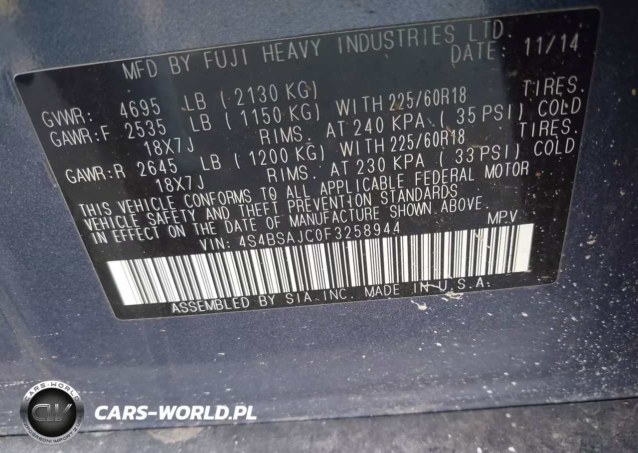 2015 Subaru Outback 2.5I Limited VIN:4S4BSAJC0F3258944 - 9