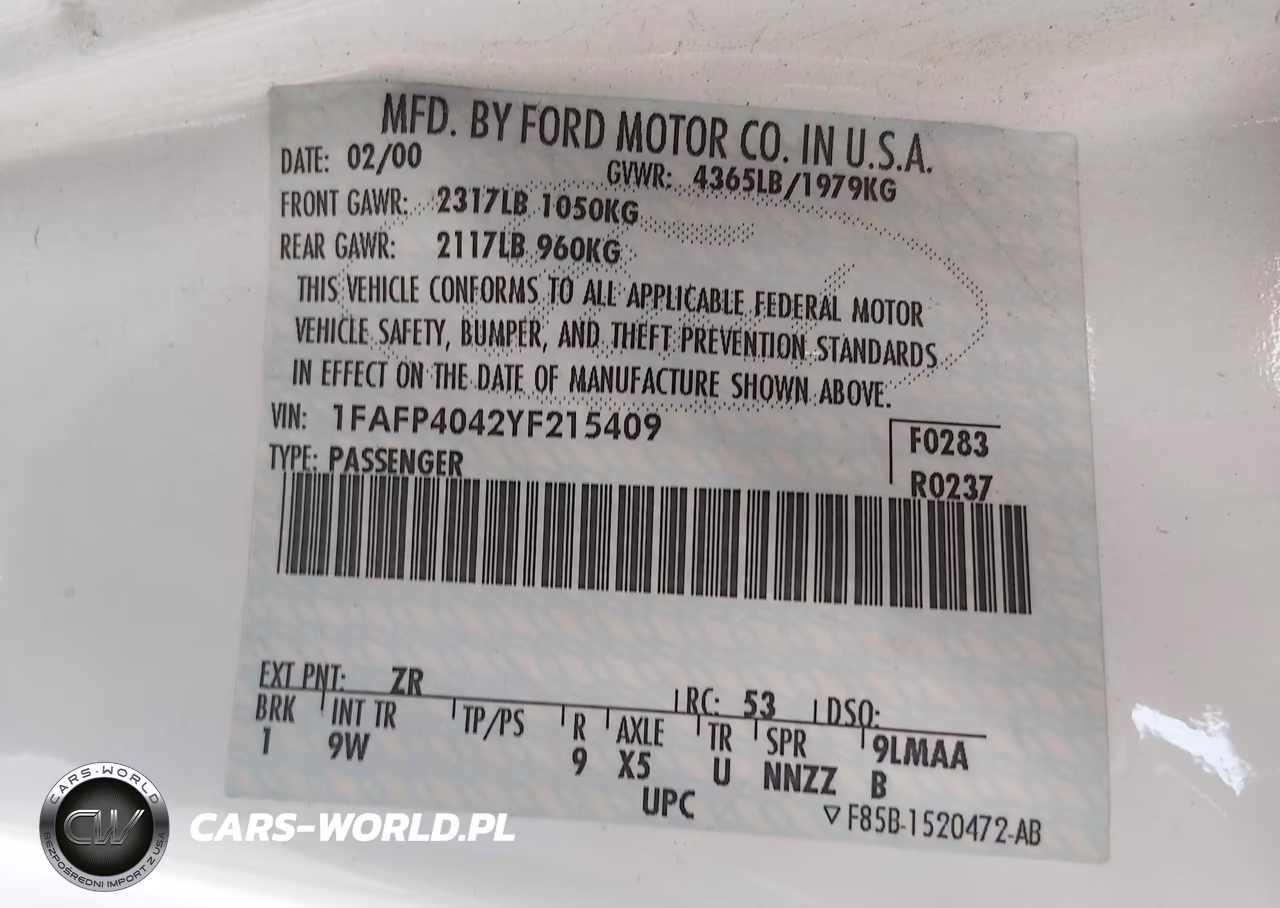 2000 Ford Mustang VIN:1FAFP4042YF215409 - 9