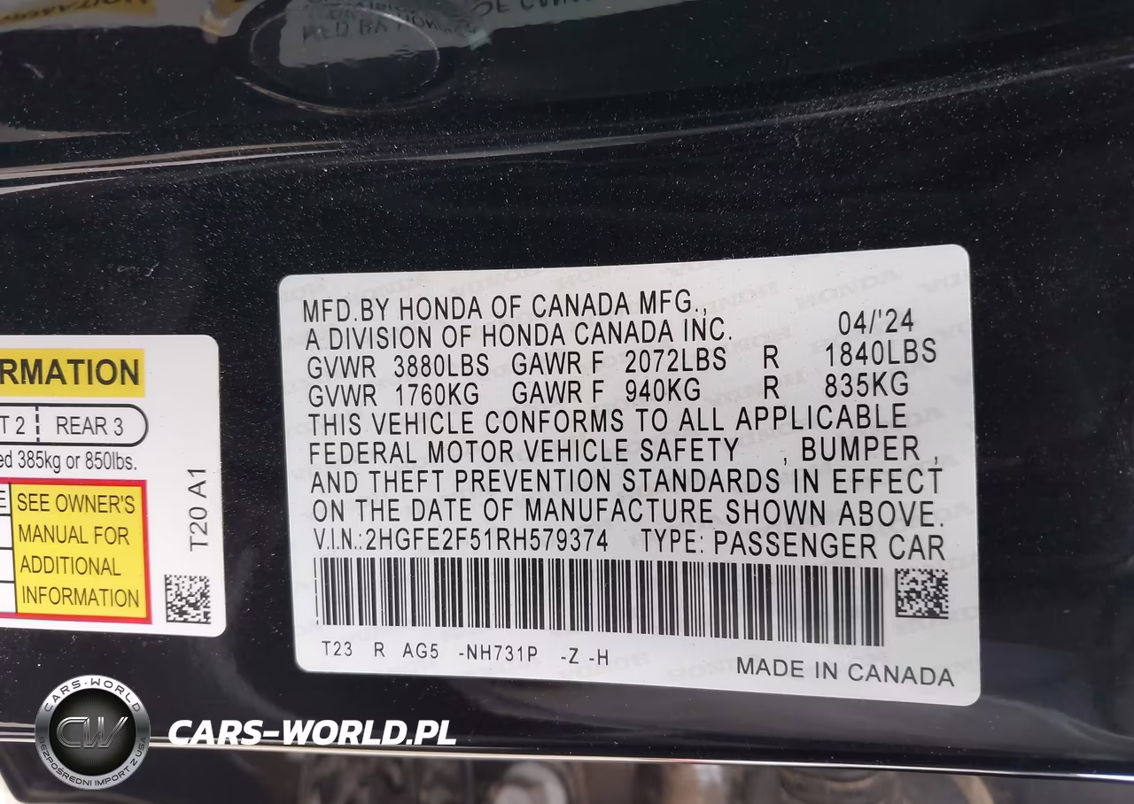 2024 Honda Civic Sport VIN:2HGFE2F51RH579374 - 9