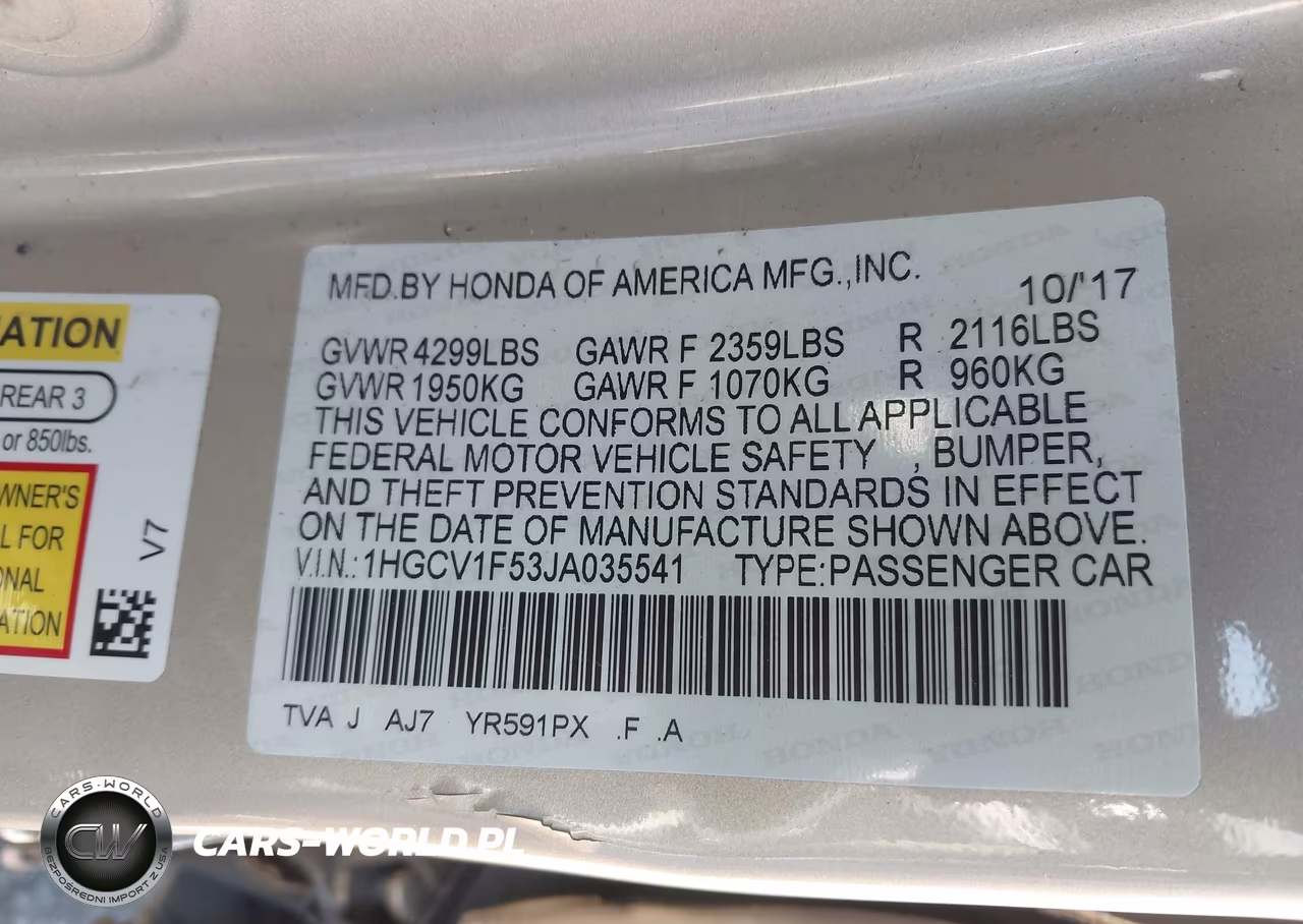 2018 Honda Accord Ex-L VIN:1HGCV1F53JA035541 - 9