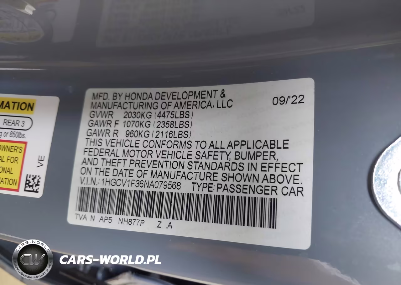 2022 Honda Accord Sport VIN:1HGCV1F36NA079568 - 9