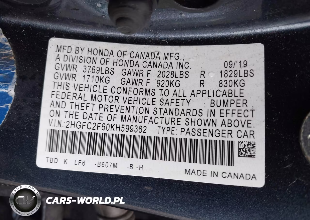 2019 Honda Civic Lx VIN:2HGFC2F60KH599362 - 9