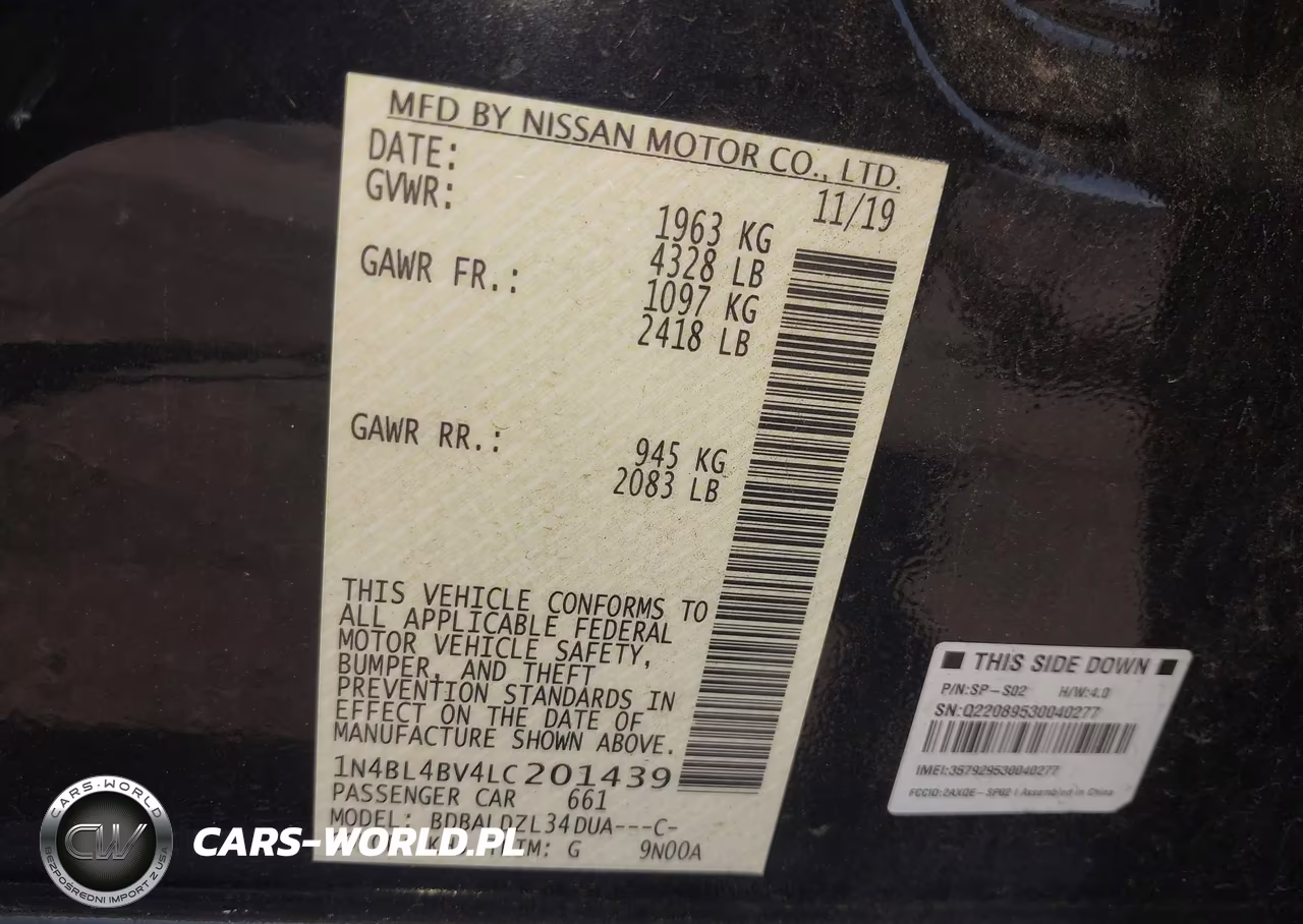 2020 Nissan Altima S Fwd VIN:1N4BL4BV4LC201439 - 9