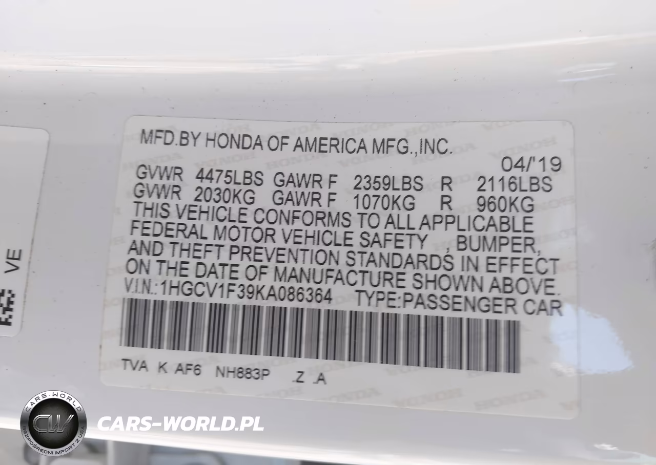 2019 Honda Accord Sport VIN:1HGCV1F39KA086364 - 9
