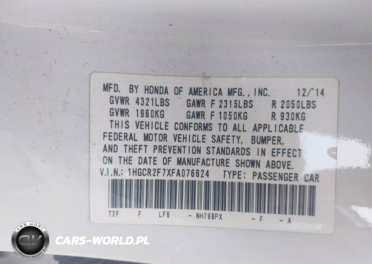 2015 Honda Accord Ex VIN:1HGCR2F7XFA076624 - 9
