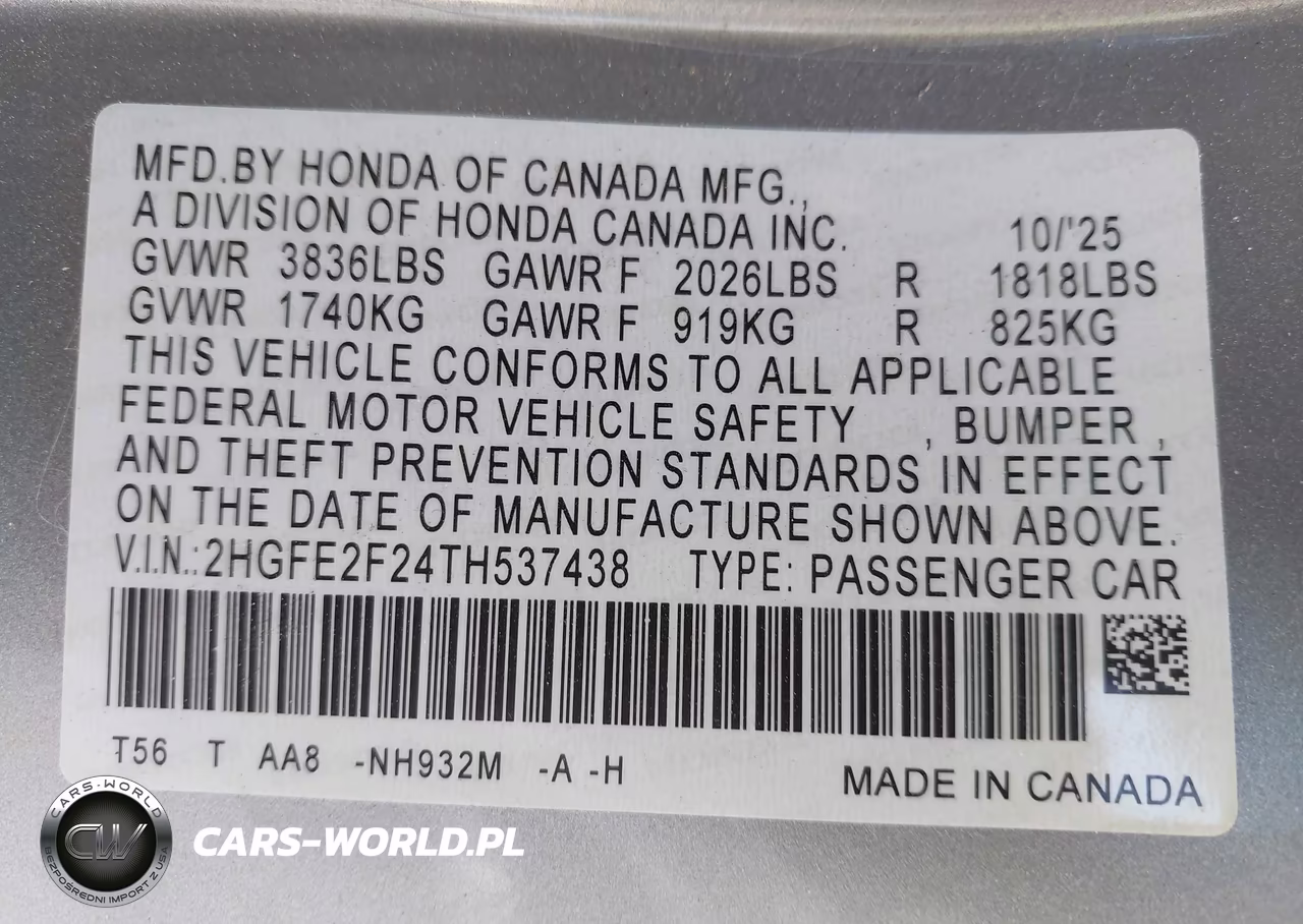2026 Honda Civic Lx VIN:2HGFE2F24TH537438 - 9