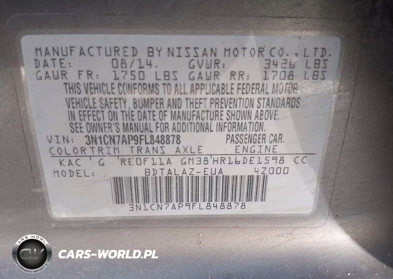 2015 Nissan Versa 1.6 S+ VIN:3N1CN7AP9FL848878 - 9
