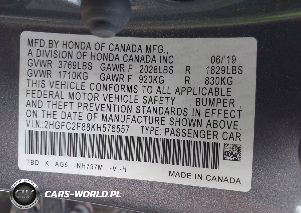 2019 Honda Civic Sport VIN:2HGFC2F88KH576557 - 9