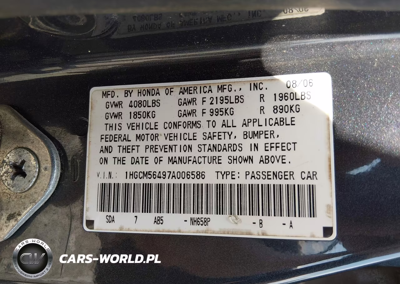 2007 Honda Accord 2.4 Lx VIN:1HGCM56497A006586 - 9