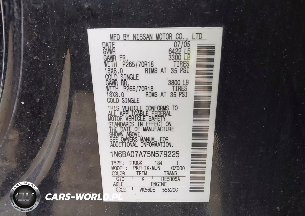 2005 Nissan Titan Se VIN:1N6BA07A75N579225 - 9