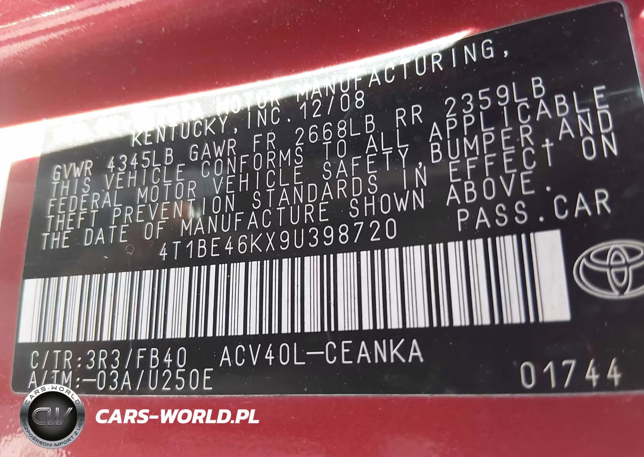 2009 Toyota Camry Le VIN:4T1BE46KX9U398720 - 9