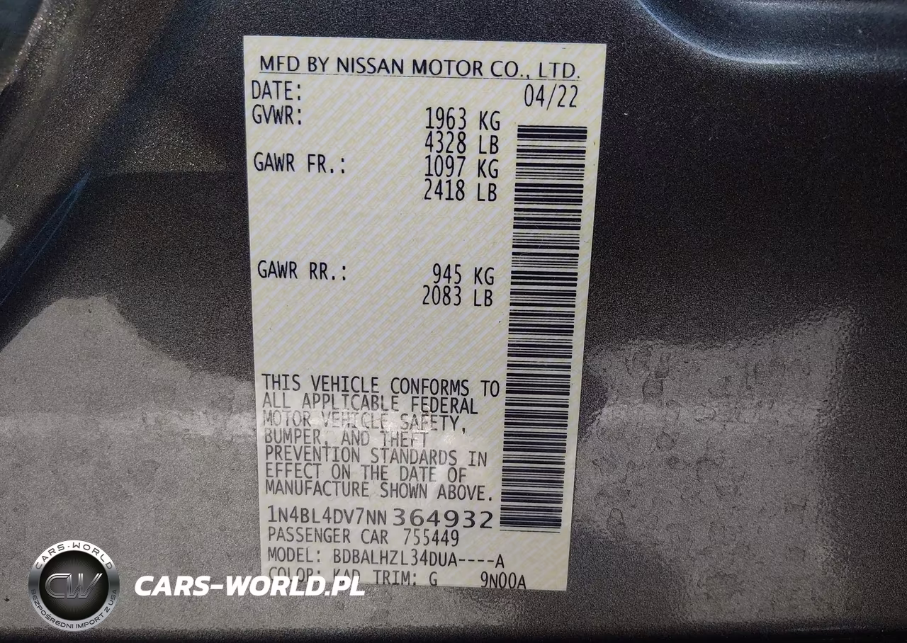 2022 Nissan Altima Sv Fwd VIN:1N4BL4DV7NN364932 - 9