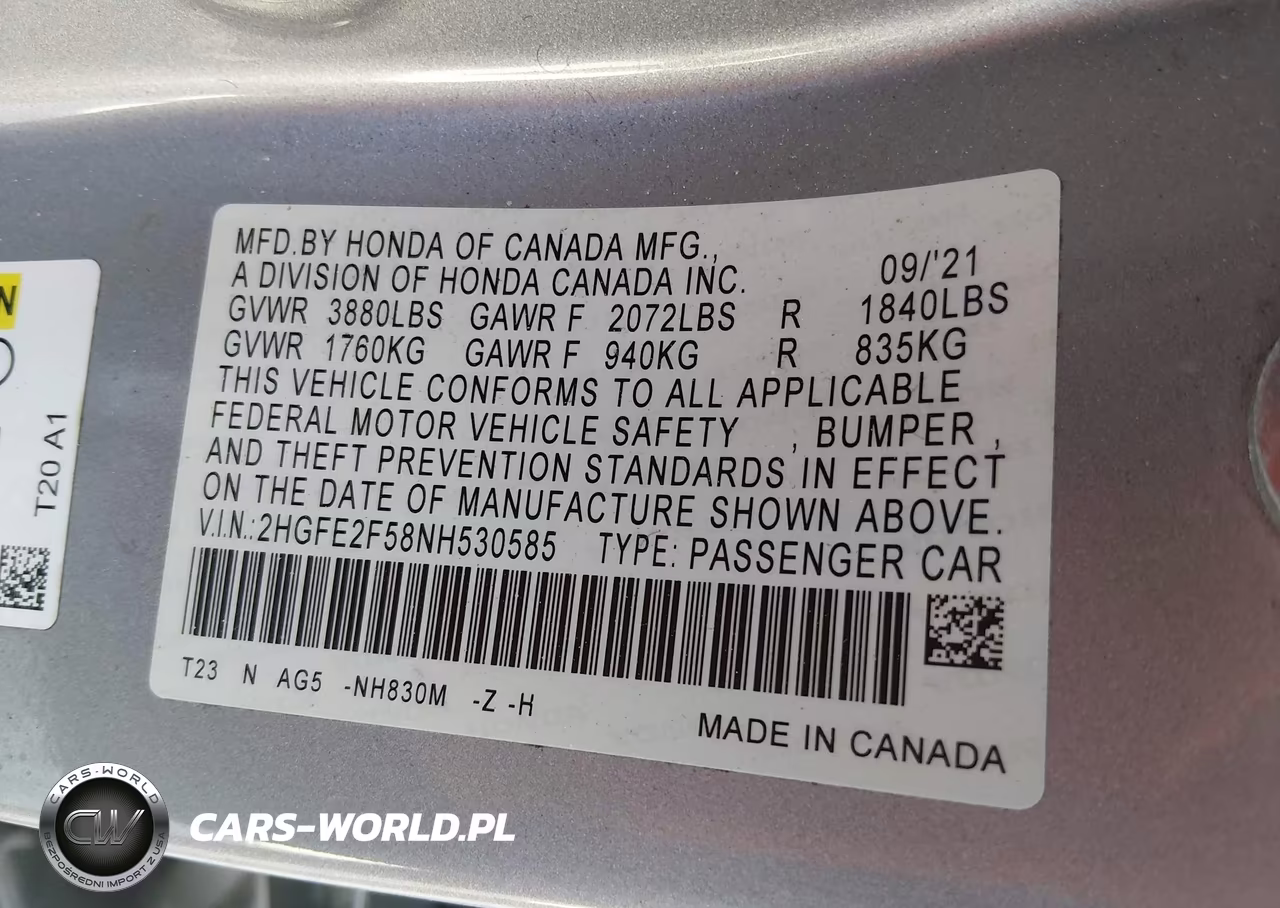 2022 Honda Civic Sport VIN:2HGFE2F58NH530585 - 9